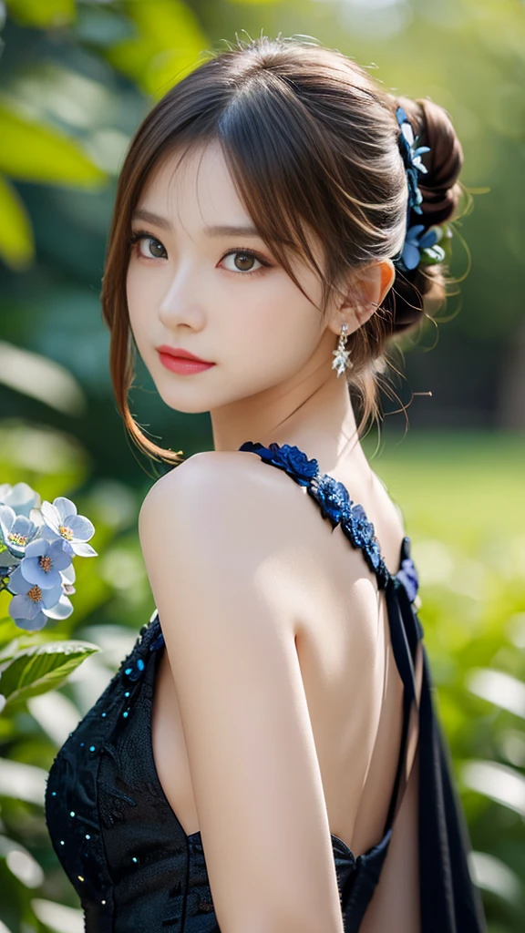 elegant woman in a black dress with a blue flower, long blonde hair in a bun, red eyes, jewelry and hair ornaments, looking back at the viewer, detailed facial features, high quality, 4k, 8k, photorealistic, masterpiece