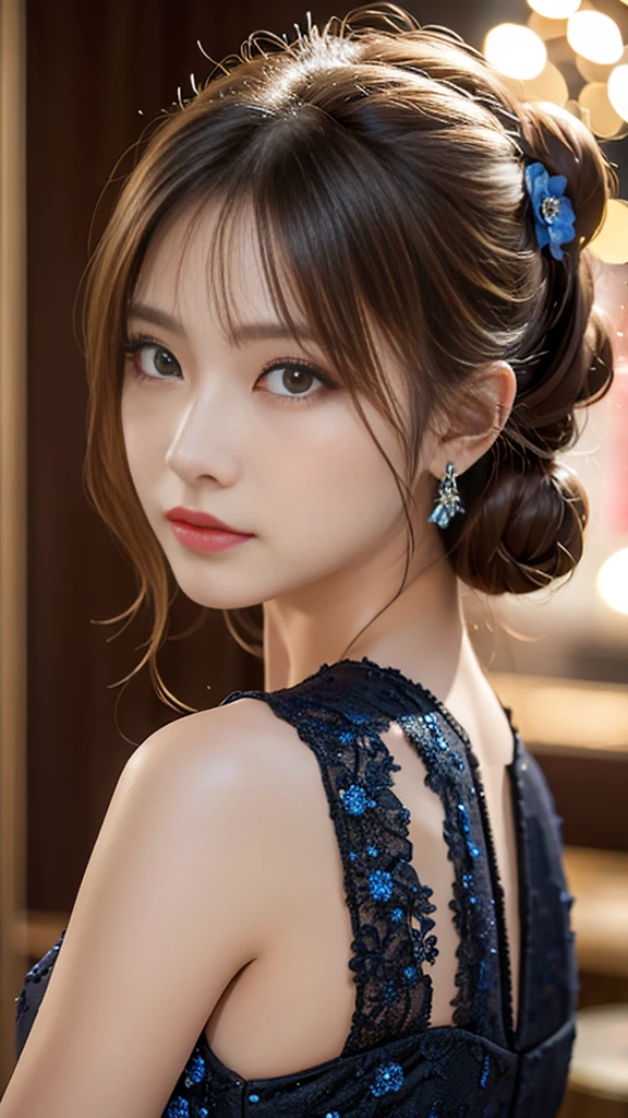 elegant woman in a black dress with a blue flower, long blonde hair in a bun, red eyes, jewelry and hair ornaments, looking back at the viewer, detailed facial features, high quality, 4k, 8k, photorealistic, masterpiece