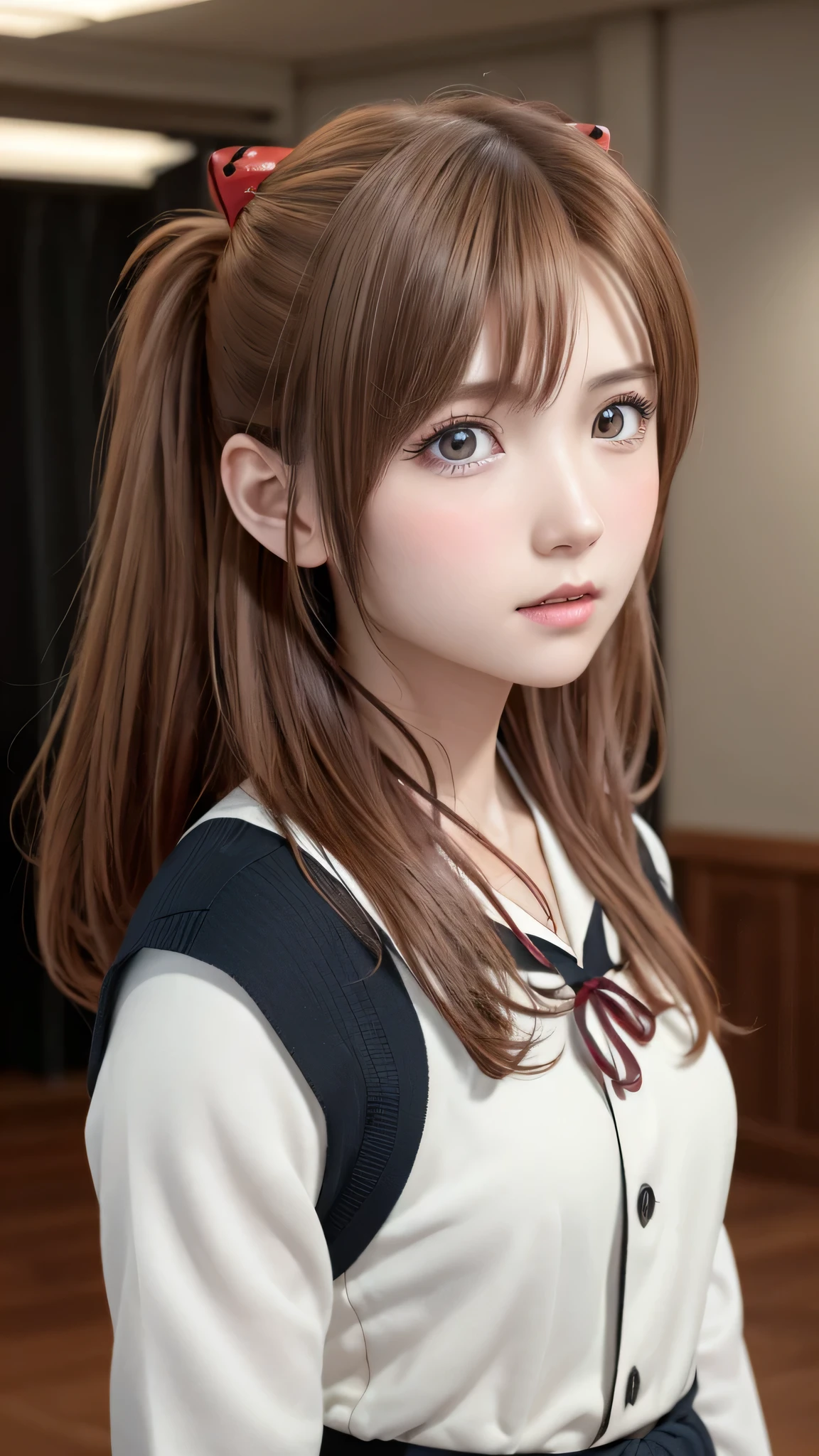 ((Highest quality)), ((masterpiece)), (detailed: 1.4), 3d, 明日香 Langley Soryu, 明日香, High resolution (High Dynamic Range), Ray Tracing, NVIDIA, Super Resolution, Unreal 5, Scattered beneath the surface ,PBR Texturing, Post-processing, Anisotropic Filtering, Depth of written boundary, Maximum sharpness and sharpness, Multilayer Texture, Albedo and specular maps, Surface Shading, Accurate simulation of light-matter interactions, Perfect proportions ,Octane Rendering,Two-tone lighting,wide aperture,Low ISO,White balance,Three-part method,8K RAW,(masterpiece: 1.4, Highest quality), (Intricate detailed), Unity8k wallpaper, Very detailed, Beautiful and mysterious, detailed background, Realistic, alone, Perfectly detailed face, detailed blue eyes, Very detailed, blush, hair ornaments, Chignon Mahogany Hair, (bionde), high school girl, Shikinami 明日香 Langley, evangelion, A slim 15-year-old girl, uniform, Black background, Above the waist,A composition that shows the whole body,