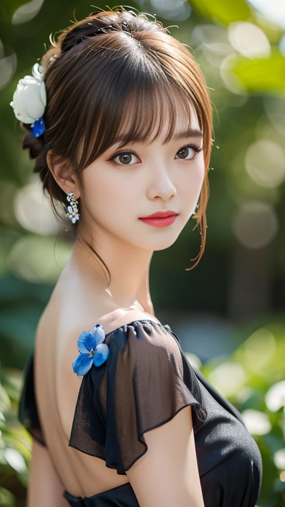 elegant woman in a black dress with a blue flower, long blonde hair in a bun, red eyes, jewelry and hair ornaments, looking back at the viewer, detailed facial features, high quality, 4k, 8k, photorealistic, masterpiece