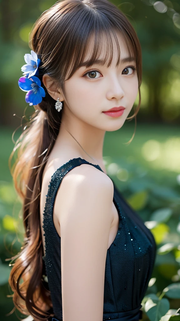 elegant woman in a black dress with a blue flower, long blonde hair in a bun, red eyes, jewelry and hair ornaments, looking back at the viewer, detailed facial features, high quality, 4k, 8k, photorealistic, masterpiece