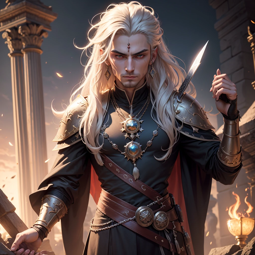wizard, witcher, druide, Humanoid wolf, cyborg, lune rouge, Wolves background, chef doeuvre (Masterpiece, Best quality: 1.4), detailed background, Cristal blanc, Cluster Crysal,cheveux longs,joaillerie, earrings, collier, couronne, cheveux blancs rouges, halo,masterpiece, best quality, masterpiece, best quality, Create a striking art piece featuring an edgy male villain, adorned in a dark and stylish ensemble, with sharp features, intense eyes, and a commanding posture, exuding an aura of malevolence and mystery that captivates and intimidates viewers, phenomenal aesthetic, sumptuous artwork, cheveux multicolores rouges, ruban de cheveux, surrealism, lighting cinematic, gros plan, UHD, High Details, eyes Details, Hair details, Dieux grecs, seul, 8k, Nuit, Lune rouge, muscular male, Medieval warrior , hyper resolution, light on his face, Possess heraldry, poils longs, Gold Star Necklace,armor on his shoulders, couronne, Zeus Dieu, arme, Temple grec, Resolution 2.0, fond jaune,