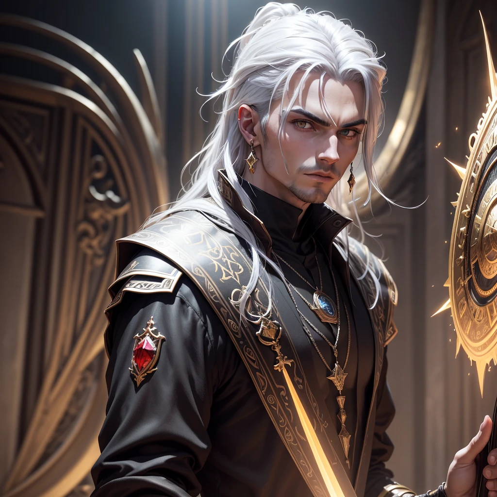 wizard, witcher, druide, Humanoid wolf, cyborg, lune rouge, Wolves background, chef doeuvre (Masterpiece, Best quality: 1.4), detailed background, Cristal blanc, Cluster Crysal,cheveux longs,joaillerie, earrings, collier, couronne, cheveux blancs rouges, halo,masterpiece, best quality, masterpiece, best quality, Create a striking art piece featuring an edgy male villain, adorned in a dark and stylish ensemble, with sharp features, intense eyes, and a commanding posture, exuding an aura of malevolence and mystery that captivates and intimidates viewers, phenomenal aesthetic, sumptuous artwork, cheveux multicolores rouges, ruban de cheveux, surrealism, lighting cinematic, gros plan, UHD, High Details, eyes Details, Hair details, Dieux grecs, seul, 8k, Nuit, Lune rouge, muscular male, Medieval warrior , hyper resolution, light on his face, Possess heraldry, poils longs, Gold Star Necklace,armor on his shoulders, couronne, Zeus Dieu, arme, Temple grec, Resolution 2.0, fond jaune,