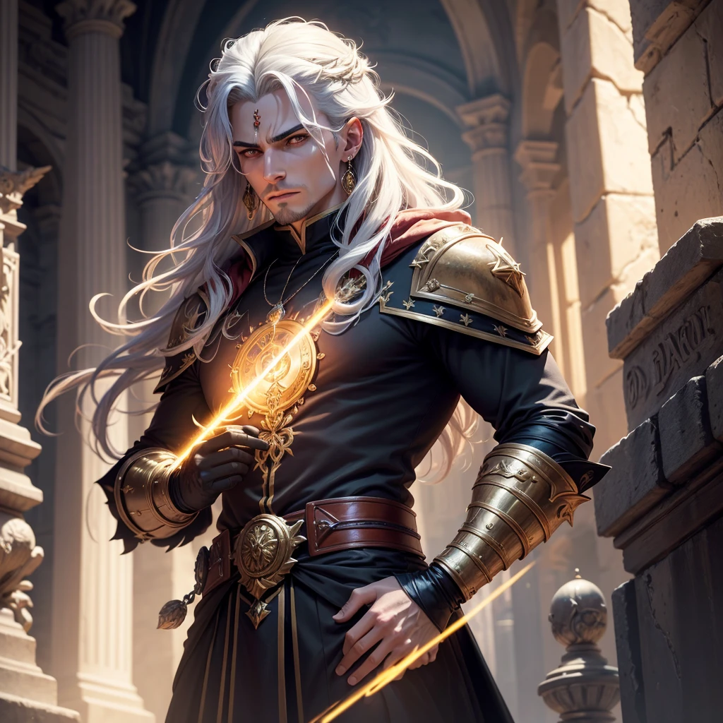 wizard, witcher, druide, Humanoid wolf, cyborg, lune rouge, Wolves background, chef doeuvre (Masterpiece, Best quality: 1.4), detailed background, Cristal blanc, Cluster Crysal,cheveux longs,joaillerie, earrings, collier, couronne, cheveux blancs rouges, halo,masterpiece, best quality, masterpiece, best quality, Create a striking art piece featuring an edgy male villain, adorned in a dark and stylish ensemble, with sharp features, intense eyes, and a commanding posture, exuding an aura of malevolence and mystery that captivates and intimidates viewers, phenomenal aesthetic, sumptuous artwork, cheveux multicolores rouges, ruban de cheveux, surrealism, lighting cinematic, gros plan, UHD, High Details, eyes Details, Hair details, Dieux grecs, seul, 8k, Nuit, Lune rouge, muscular male, Medieval warrior , hyper resolution, light on his face, Possess heraldry, poils longs, Gold Star Necklace,armor on his shoulders, couronne, Zeus Dieu, arme, Temple grec, Resolution 2.0, fond jaune,