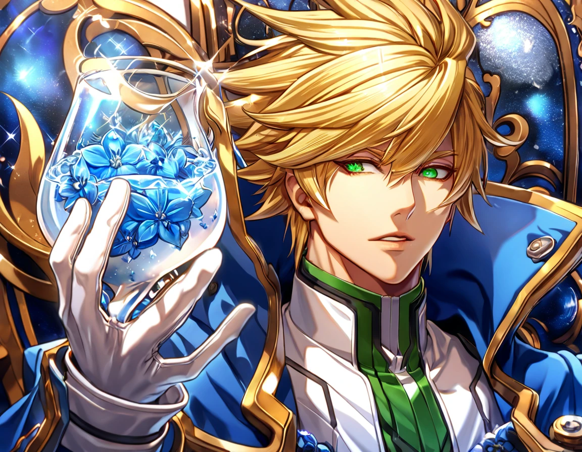 absurdres, highres, ultra detailed, HDR, master piece, best quality, extremely detailed, Kisaragi Jin, blond hair, expressive green eyes, Blazblue, solo, sexy man, handsome, blue coat, white clothes, white gloves, magical, fantasy, glittering, sparkling, glass, blue flowers, blue petals, water, blue moon