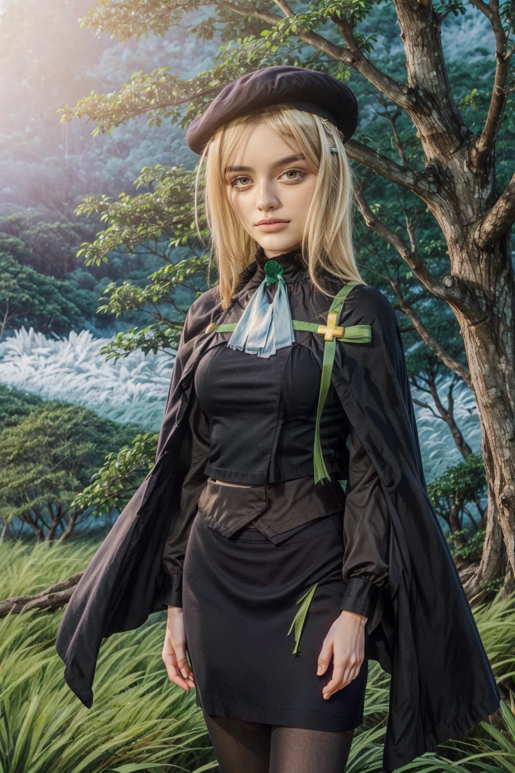 1 girl, best quality, ((Miyo)), tarankaaa, perfect face, beautiful smile, 30 years old, ((ascot, uniform, black skirt, cross, ribbon, gold blonde hair, emerald, beret, cape, pantyhose)), ((perfectly drawn hands)), perfect body, bare tree, bush, fog, forest, grass, nature, outdoors, plant, scenery, solo, standing, tree, 32k photograph, ((perfect eyes, detailed eyes,realistic eyes)), ((sharp face, detailed face, realistic face, natural skin, realistic skin, detailed skin, pores)), full body, tone mapping, asian-european, ((masterpiece)), ((highres)), ((detailed background)), japanese village background, night, big proportions,