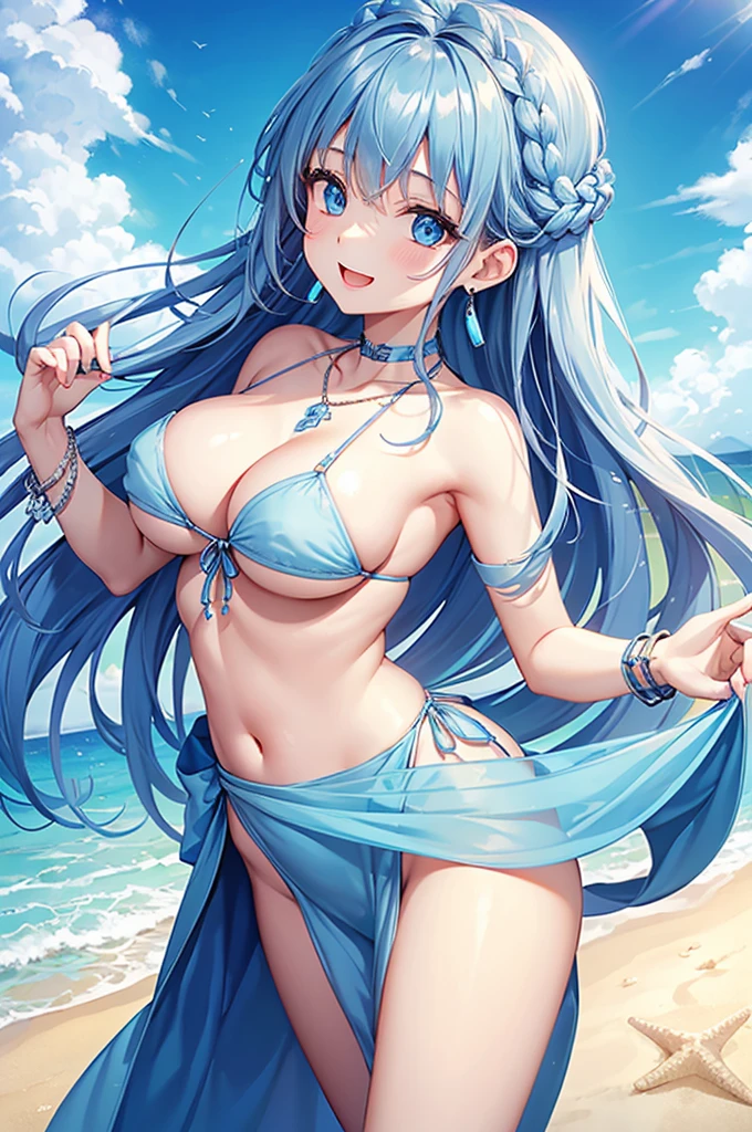 Highest quality、Highest quality、masterpiece、(8K),beauty(Age 25)、(Mature appearance)、Light blue long hair(Braiding of the sides)、blue eyes、((Naked))、Big cleavage、((Big Breasts))、smile、blue necklace、Blue Earrings、background(Beach)、Please open your mouth wide、bracelet、Dynamic Pose、Blue choker