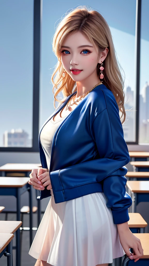 A young female teacher standing in a classroom, wearing a dark blue jacket with a front opening, a white sheer blouse, and a white sheer flared skirt. She has long gray hair, a necklace, and earrings. Her legs are slightly open as she stands behind the classroom chair. She has a bright lip gloss, long eyelashes, and a smooth face. The lighting is bright and natural, with wide light and subtle caustics. The background shows windows with a view of different buildings in the city. The overall atmosphere has an element of absurdity. (best quality,4k,8k,highres,masterpiece:1.2),ultra-detailed,(realistic,photorealistic,photo-realistic:1.37),HDR,UHD,studio lighting,ultra-fine painting,sharp focus,physically-based rendering,extreme detail description,professional,vivid colors,bokeh,portraits,photography,concept artists,(bright light,natural shadows,wide light,depth of field,intense colors,subtle caustics:0.8),smile,(big),v6,(legs open on classroom chair),(female teacher v6),necklace,earrings,(full body v6),long gray hair,translucent clothes,look,superb,girl with blonde hair and blue eyes,beautiful,thin,sexy pose,back figure,gaze is windowside,(dark blue jacket front opening,white sheer blouse,white sheer flared skirt),(Adriaan Honnig)
