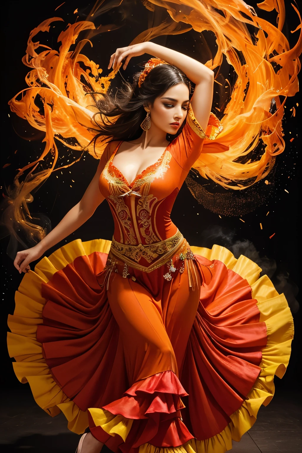 **Captivating and beautiful flamenco dancer, her dress vibrant and painted in bright colors, in each movement she releases red, orange and yellow paint with edges of fire and fine threads of smoke, creating a unique and unrepeatable symphony, very visual and dynamic on a textured background**