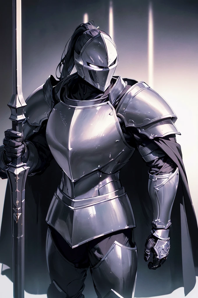 (masterpiece; best quality: 1.2), ((full armored knight man)), ((solo)), (black eyes: 1.4), (body; toned, lean, masculine: 1.3), (beautiful and clear background: 1.2), ((depth of field)), (equipment: full plate all-dark black realistic armor + closed helmet with ponytail + black cape: 1.3), (anime illustration: 1.2), (background composition; royal chambers + furniture: 1.1), (extremely fine and handsome: 1.1), (shot composition; standing + centered on torso + close-up: 1.5)