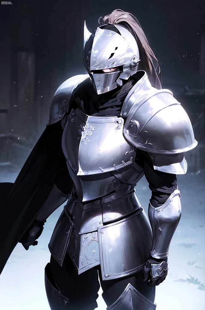 (masterpiece; best quality: 1.2), ((full armored knight man)), ((solo)), (black eyes: 1.4), (body; toned, lean, masculine: 1.3), (beautiful and clear background: 1.2), ((depth of field)), (equipment: full plate all-dark black realistic armor + closed helmet with ponytail + black cape: 1.3), (anime illustration: 1.2), (background composition; royal chambers + furniture: 1.1), (extremely fine and handsome: 1.1), (shot composition; standing + centered on torso + close-up: 1.5)