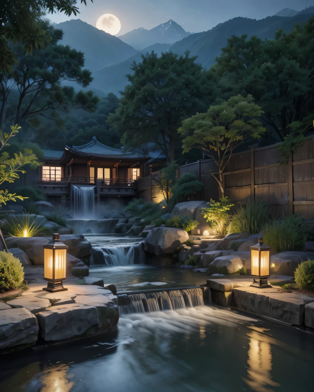 Ancient Chinese 弓itecture, Garden, bamboo, lake, stone bridge, stoneery, 弓, corner, stoneery, Tree, running water, paisaje, open air, waterfall, louka, stone, water lily, airflow, lotus, moonligh, night vision, hot springs, Steam, (illustration: 1.0), epic composition, realistic lighting, high-definition details, work of art, best qualityer, (very detailed 8k unified CG wallpaper), (best qualityer)