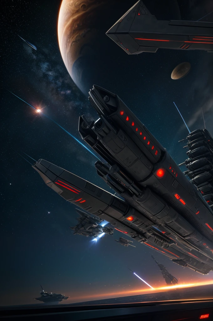 a triangular shaped spaceship battleship with rows of gun turrets missile tubes and large rocket thrusters in the rear passing in front of Jupiter, masterpiece, best, epic space scene, photo realistic space battleship scene