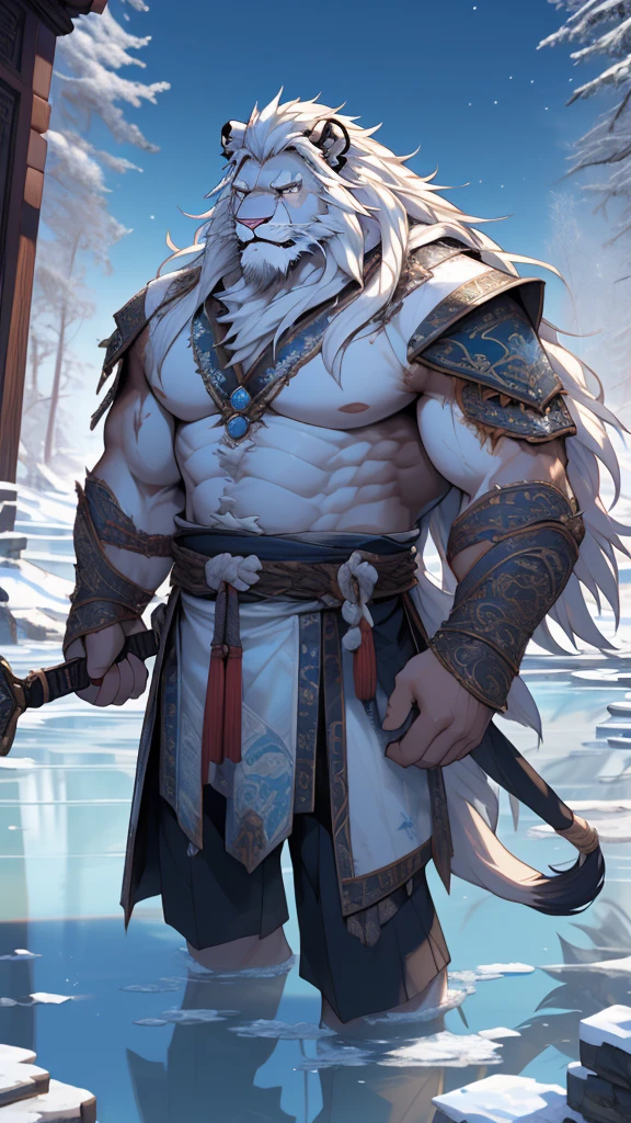 (masterpiece),(highres),(intricate details:1.4),extremely detailed,(illustration:1.2),8k,photorealistic,exquisite,solo,aged,elder male lion ,muscular,ancient Chinese swordsman,manhood ,(white hair:1.3),long hair,long white beard,scar,badly damaged,hurt,broken body ,the icey frozen lake,bleeding ,suffering,naked body