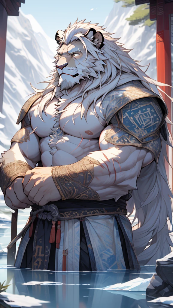 (masterpiece),(highres),(intricate details:1.4),extremely detailed,(illustration:1.2),8k,photorealistic,exquisite,solo,aged,elder male lion ,muscular,ancient Chinese swordsman,manhood ,(white hair:1.3),long hair,long white beard,scar,badly damaged,hurt,broken body ,the icey frozen lake,bleeding ,suffering,naked body