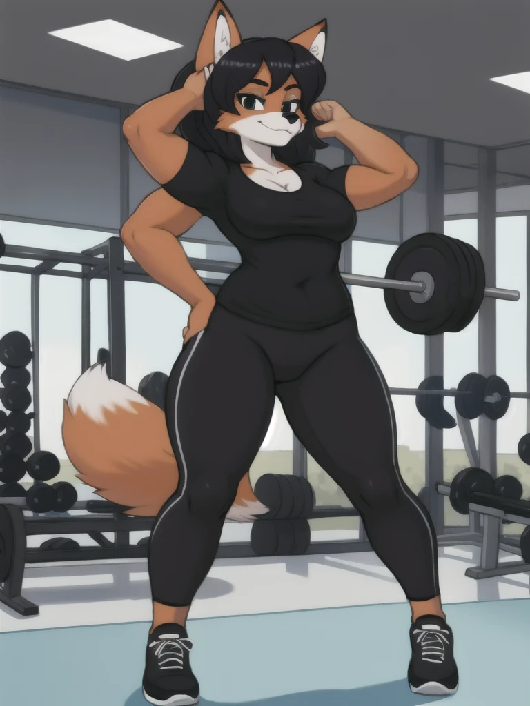 Furry, fox, female, black shirt, black leggings, shoes, gym, teen, standing, full body