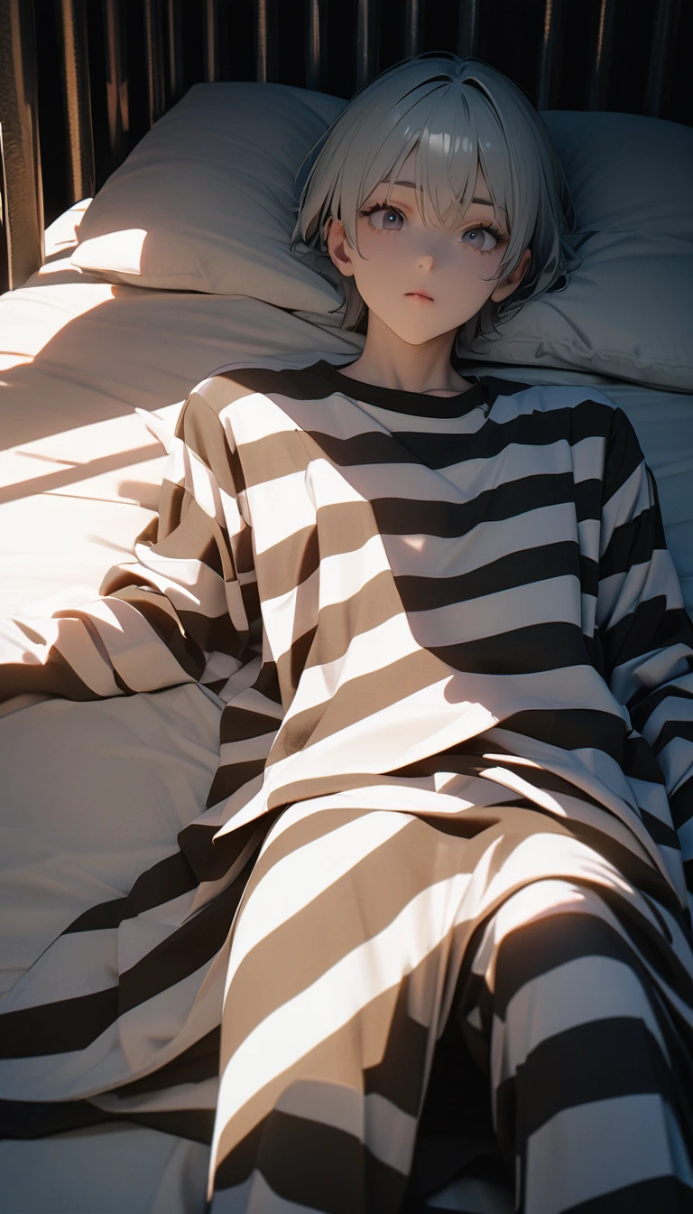 (8K, RAW photos, best quality, masterpiece: 1.4), (((Boy lying on hard bed)))，Ultra-high resolution, Extremely detailed, light, Full body close-up, handsome boy, black eyes, (delicate eyes, Eyes are bright:1.2), Gray short hair, Fair skin,dark, Black and white striped prison uniform,Black and white striped prison pants,(perfect anatomy:1.2), High-quality shadows, Natural Lighting, (White highlights:1.2), night, cloudy day, (Dark room:1.2), (The prison is surrounded by steel walls.:1.2)