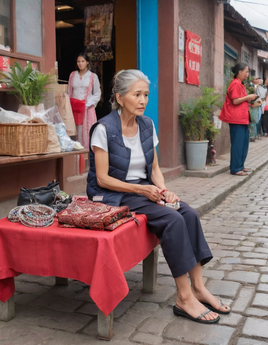 creates an image where an urban scene is observed in which an older woman, with hair tied up in a ponytail, she is sitting on a small plastic bench,  observing a variety of merchandise that is on a red tablecloth arranged on the floor. She is wearing a light sleeveless outfit. The woman appears to be carefully examining the items, including rings, earrings, BRACELET, and other fabric accessories.

Behind her, people stand a person standing in a casual dress, dark colors and reflective vest, is observing or passing by the place. The environment suggests a pedestrian zone with cobblestone pavement, and you can see plants in a square, a rural environment, typical of the city of babahoyo ecuador 