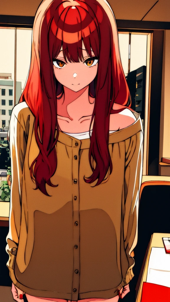 A clumsy girl, age 26, light RED hair, yellowish brown eyes, skin fair, body skinny, smallbreast, shy expression and in office clothes.