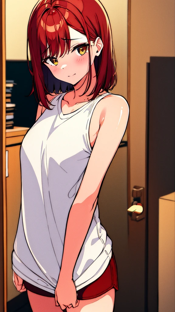 A clumsy girl, age 26, light RED hair, yellowish brown eyes, skin fair, body skinny, smallbreast, shy expression and in office clothes.