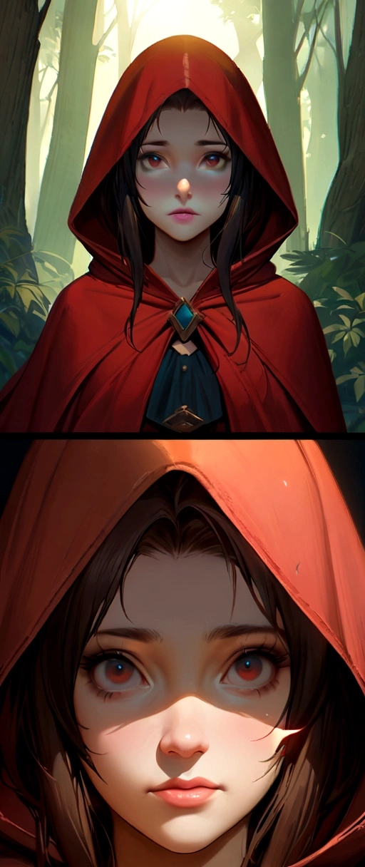 close-up portrait of NewLaraCroft in a forest, (backlight), realistic, masterpiece, highest quality, ((red hooded cloak)), ((scared )), lens flare, shadow, bloom, (( flashes of light)), [chromatic aberration], by Jeremy Lipking, by Antonio J. Manzanedo, by (Alphonse Mucha), digital painting