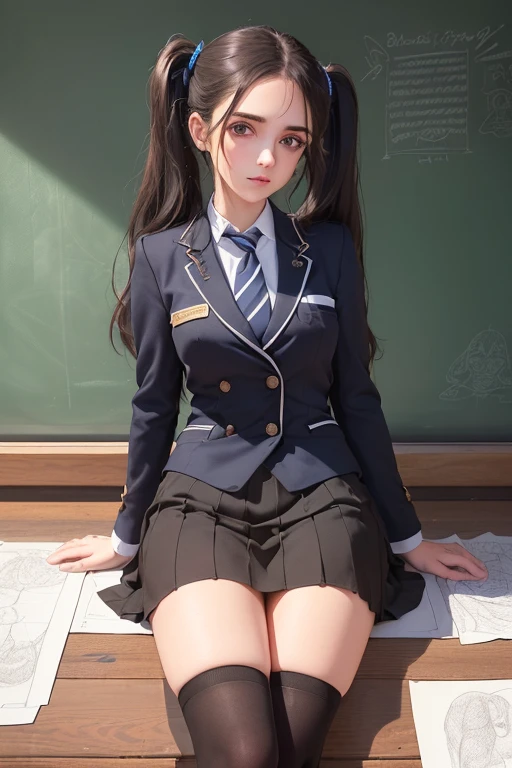 (((best qualityer), (hyper realist), mh-yk, 1 , alone, blackquality hair, eyes browns, long  hair, wearing private university uniform, blue blazer style with buttons, tie and tight skirt followed by knee socks,, big fit ass,, twintails, plein-air, hair rings, gazing at viewer, university anatomy club scene, de pé encostada na loja gazing at viewer, sweet look, inside a closed room with a blackboard behind full of drawings of the human body