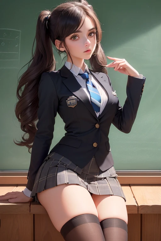 (((best qualityer), (hyper realist), mh-yk, 1 , alone, blackquality hair, eyes browns, long  hair, wearing private university uniform, blue blazer style with buttons, tie and tight skirt followed by knee socks,, big fit ass,, twintails, plein-air, hair rings, gazing at viewer, university anatomy club scene, de pé encostada na loja gazing at viewer, sweet look, inside a closed room with a blackboard behind full of drawings of the human body