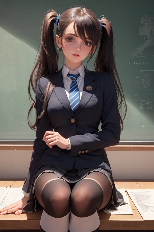 (((best qualityer), (hyper realist), mh-yk, 1 , alone, blackquality hair, eyes browns, long  hair, wearing private university uniform, blue blazer style with buttons, tie and tight skirt followed by knee socks,, big fit ass,, twintails, plein-air, hair rings, gazing at viewer, university anatomy club scene, de pé encostada na loja gazing at viewer, sweet look, inside a closed room with a blackboard behind full of drawings of the human body