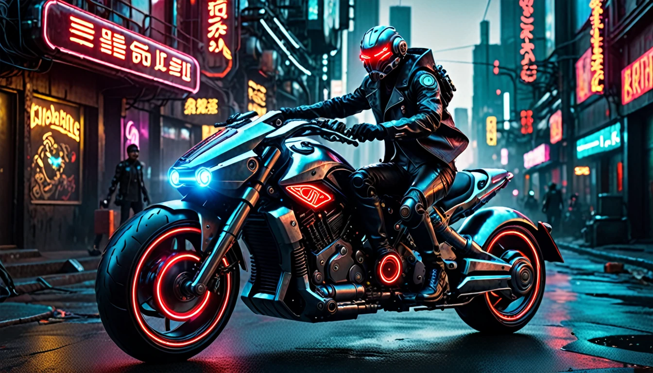 a human riding a futuristic motorcycle with a ruthless cyborg on the back, mechanical body, glowing red eyes, cyberpunk, dystopian, futuristic cityscape, neon lights, steam punk, dark and moody, dramatic lighting, highly detailed, cinematic, photorealistic, ( best quality, 4k, 8k, high resolution, masterpiece: 1.2), ultra-detailed, (realistic, photorealistic, photorealistic: 1.37)