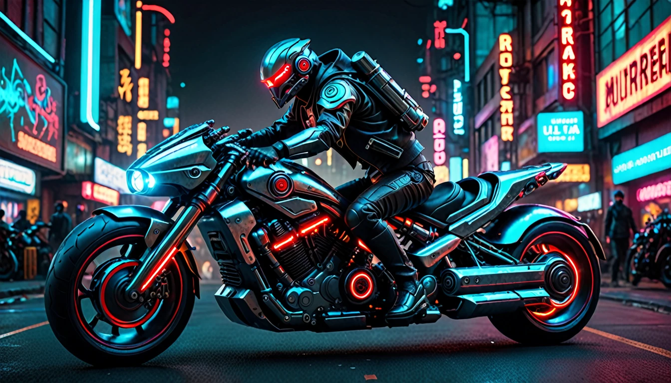a human riding a futuristic motorcycle with a ruthless cyborg on the back, mechanical body, glowing red eyes, cyberpunk, dystopian, futuristic cityscape, neon lights, steam punk, dark and moody, dramatic lighting, highly detailed, cinematic, photorealistic, ( best quality, 4k, 8k, high resolution, masterpiece: 1.2), ultra-detailed, (realistic, photorealistic, photorealistic: 1.37)