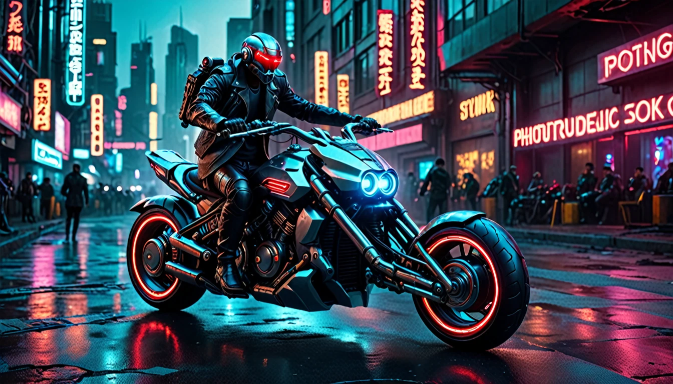 a human riding a futuristic motorcycle with a ruthless cyborg on the back, mechanical body, glowing red eyes, cyberpunk, dystopian, futuristic cityscape, neon lights, steam punk, dark and moody, dramatic lighting, highly detailed, cinematic, photorealistic, ( best quality, 4k, 8k, high resolution, masterpiece: 1.2), ultra-detailed, (realistic, photorealistic, photorealistic: 1.37)