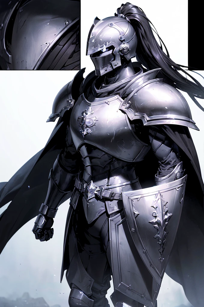 (masterpiece; best quality: 1.2), ((full armored knight man)), ((solo)), (black eyes: 1.4), (body; toned, lean, masculine: 1.3), (beautiful and clear background: 1.2), ((depth of field)), (equipment: full plate all-dark blacksteel realistic armor + closed helmet with ponytail + black cape: 1.3), (anime illustration: 1.2), (background composition; royal chambers + furniture: 1.1), (extremely fine and handsome: 1.1), (shot composition; standing + centered on torso + close-up: 1.5)