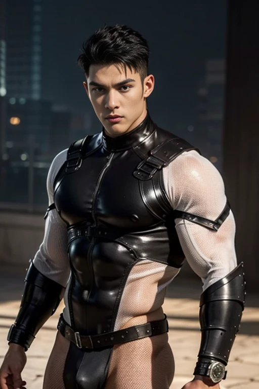  Quarter body shots photorealistic handsome hunky masculine dark skinned Aqualad unreal engine, extremely attractive male wearing white and silver bodysuit, extremely masculine physique, intricately detailed metal body armour, super bulge, realistic skin, short tousled hair, fantasy background