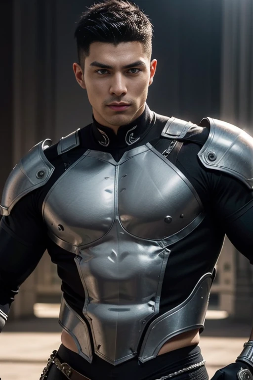  Quarter body shots photorealistic handsome hunky masculine dark skinned Aqualad unreal engine, extremely attractive male wearing white and silver bodysuit, extremely masculine physique, intricately detailed metal body armour, super bulge, realistic skin, short tousled hair, fantasy background