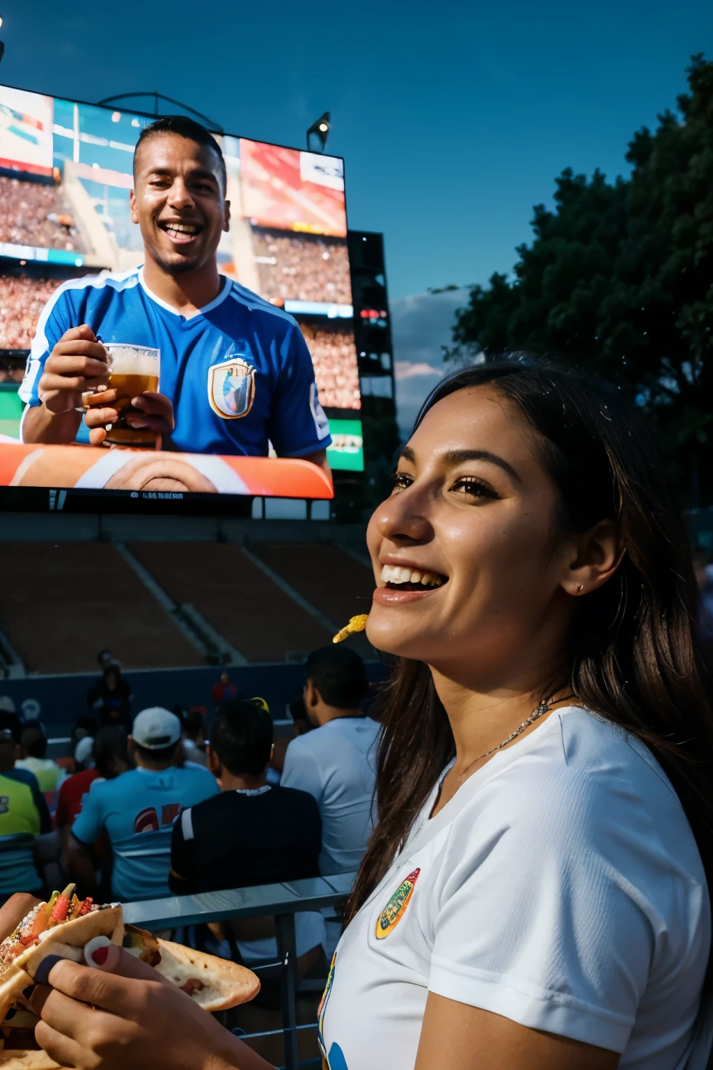 a happy crowd watching the colombian national team match on a big screen, eating hotdogs, drinking beer, smoking weed, celebrating enthusiastically, detailed faces, 1 man, 1 woman, detailed clothing, outdoor setting, stadium atmosphere, vibrant colors, dynamic lighting, cinematic composition, photorealistic, 8k, best quality, masterpiece