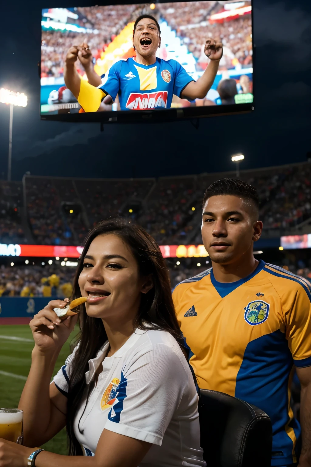 a happy crowd watching the colombian national team match on a big screen, eating hotdogs, drinking beer, smoking weed, celebrating enthusiastically, detailed faces, 1 man, 1 woman, detailed clothing, outdoor setting, stadium atmosphere, vibrant colors, dynamic lighting, cinematic composition, photorealistic, 8k, best quality, masterpiece