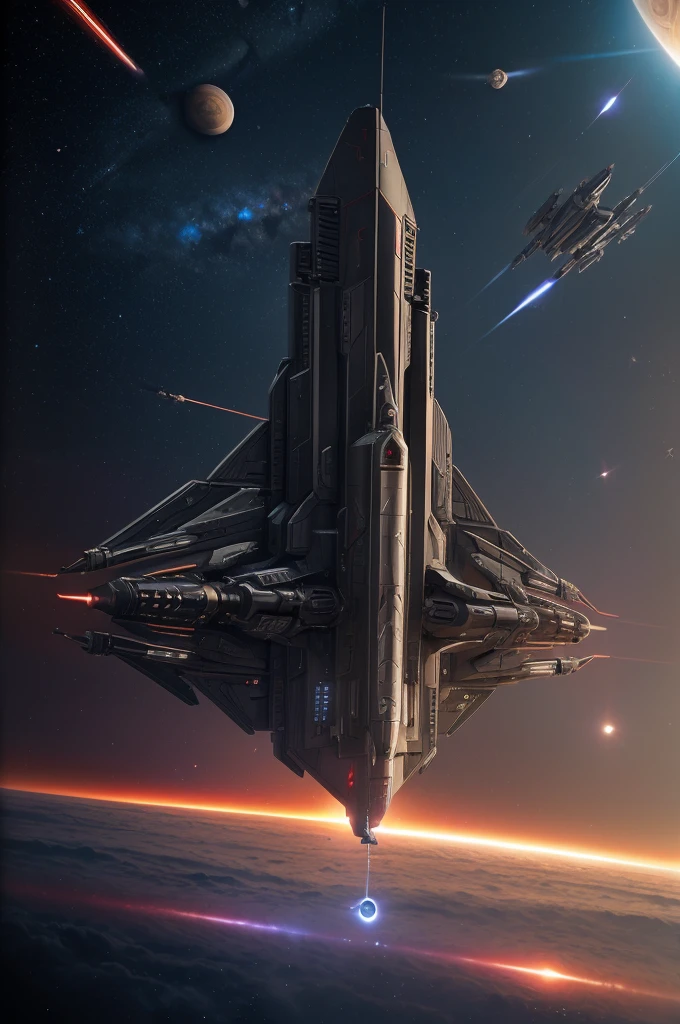 a triangular shaped spaceship battleship with rows of gun turrets missile tubes and large rocket thrusters in the rear passing in front of Jupiter, masterpiece, best, epic space scene, photo realistic space battleship scene