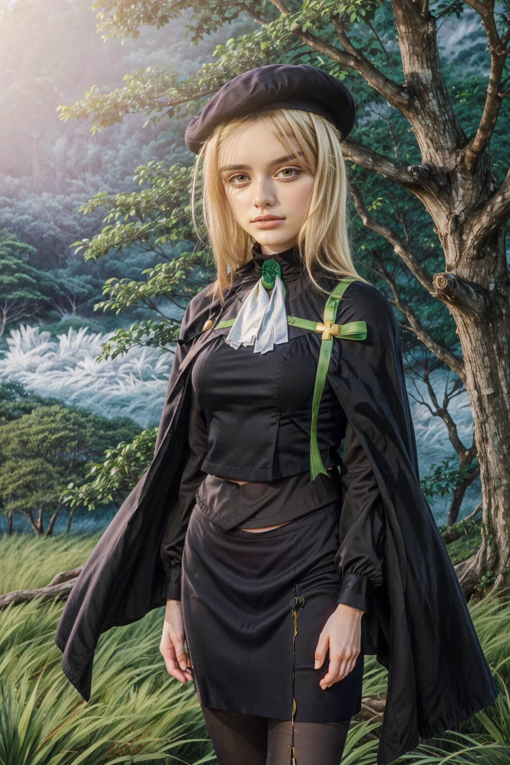 1 girl, best quality, ((Miyo)), tarankaaa, perfect face, beautiful smile, 30 years old, ((ascot, uniform, black skirt, cross, ribbon, gold blonde hair, emerald, beret, cape, pantyhose)), ((perfectly drawn hands)), perfect body, bare tree, bush, fog, forest, grass, nature, outdoors, plant, scenery, solo, standing, tree, 32k photograph, ((perfect eyes, detailed eyes,realistic eyes)), ((sharp face, detailed face, realistic face, natural skin, realistic skin, detailed skin, pores)), full body, tone mapping, asian-european, ((masterpiece)), ((highres)), ((detailed background)), japanese village background, night, big proportions,