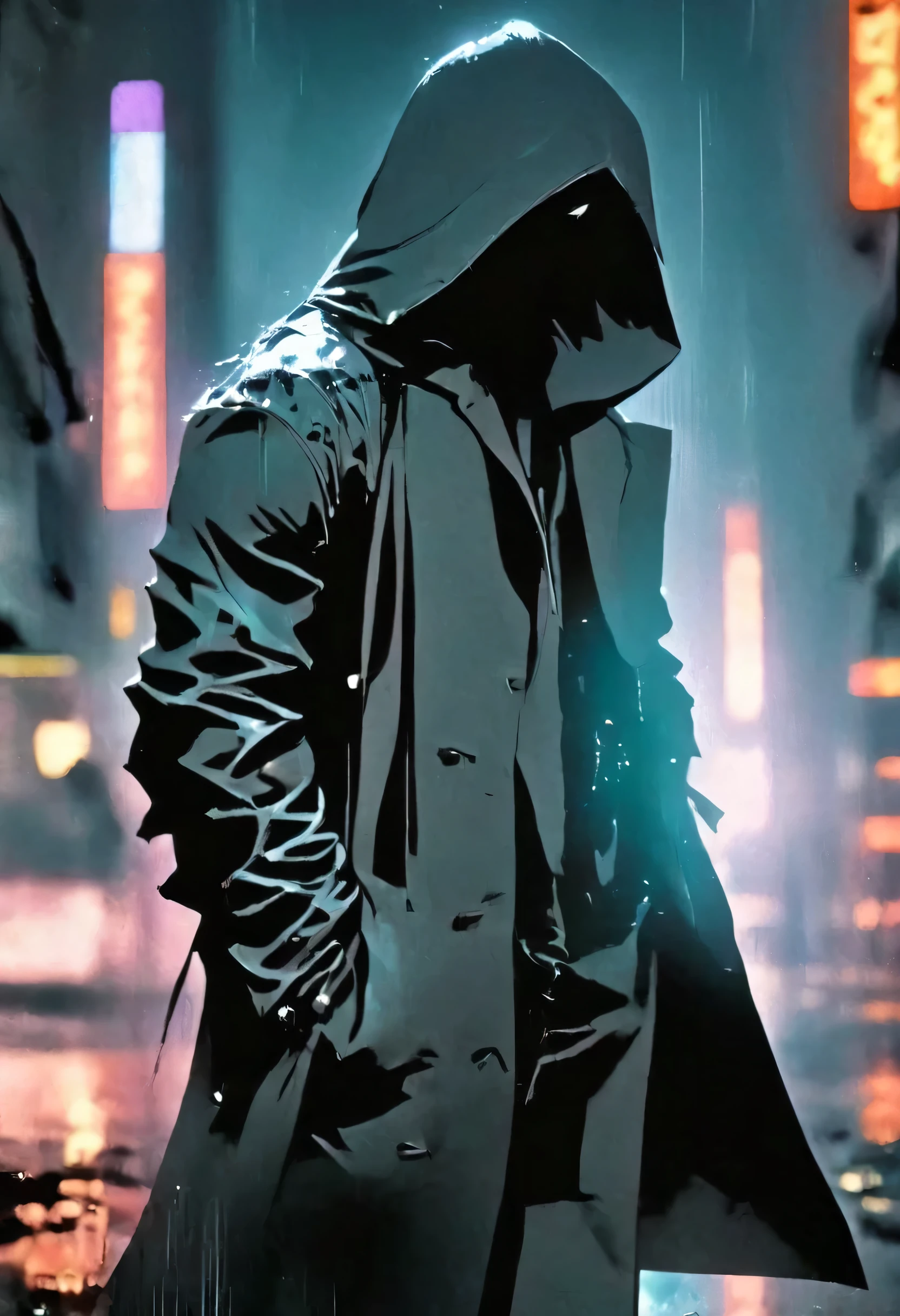 wide and far shot, ((a man in a black hooded trench coat, return to camera:1.5)), standing on rainy street, looking at a futuristic city at night, a dark cityscape with neon lights (Best Quality, 4k, 8k , high resolution, Masterpiece: 1.2), ultra detailed (realist, photorealist, photorealist: 1.37), cinematic lighting, dramatic shadows, moody atmosphere, intricate details, Bright city lights, advanced technology, Retro-futuristic architecture, dynamic pose, hood that casts shadows on the face, intense look