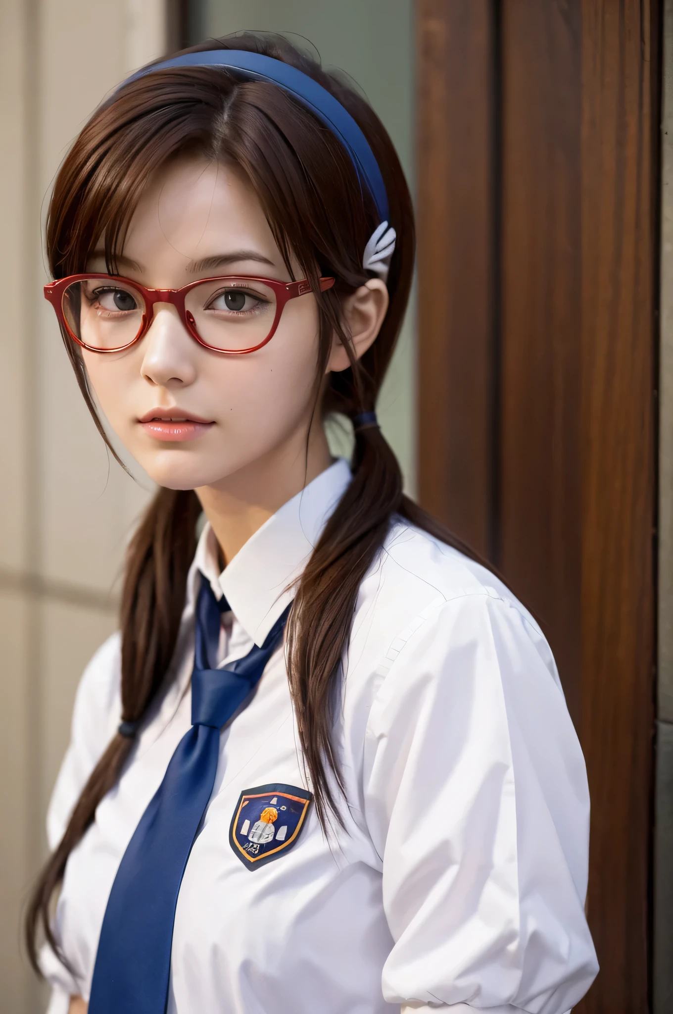 Mari Illustrious , Neon Genesis EVANGELION , Small red rectangular glasses , Brown Hair , Tie your hair on both sides , Mari Makinami, Brown Hair, Glasses, Headband Blue, Twin tails,high school girl、uniform