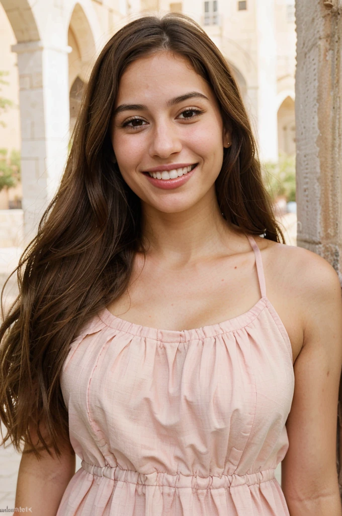 a photo-realistic portrait of a beautiful Palestinian woman with long brown hair, pink dress, white teeth, and a cute smile, with highly detailed and realistic facial features, modest expression, and realistic white skin tone