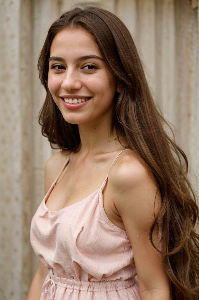 a photo-realistic portrait of a beautiful Palestinian woman with long brown hair, pink dress, white teeth, and a cute smile, with highly detailed and realistic facial features, modest expression, and realistic white skin tone