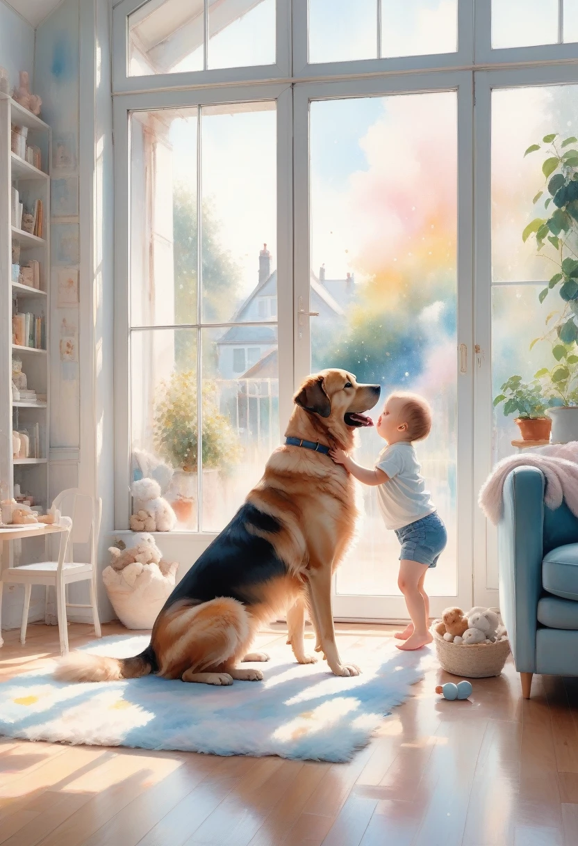 score_9, score_8_up, score_7_up, score_6_up, score_5_up, score_4_up, fluffy large dog and human baby playing together, soft sparkling effects, room in the house, large windows, cute illustration style, fusion of watercolors and oil paintings, light pastel colors, 2.5D