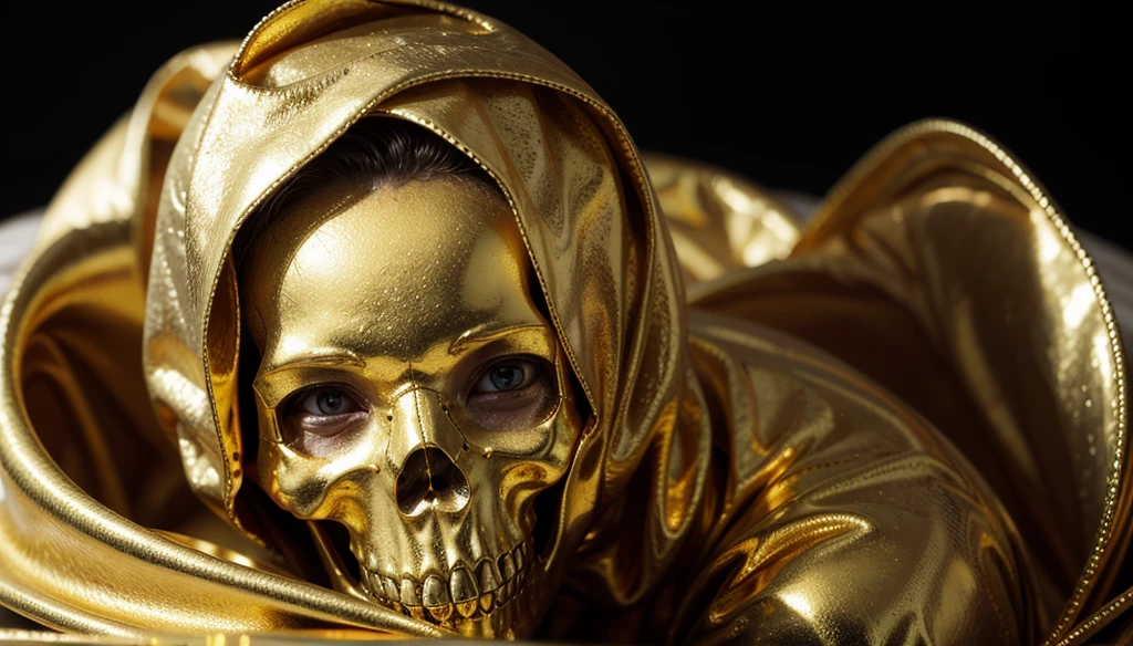 a close-up of a person holding a skull-headed body with molten gold wrapped around it