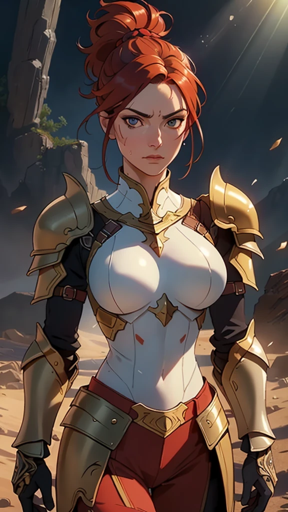 ((((masterpiece, best quality, high resolution)))), Extremely detailed 8K, 1 female, wearing a warrior type of armor, (Ultra HD, Ultra-detailed, Highly detailed, Highly realistic, Ultra-realistic, photograph realistic), (1girl:1.5), (Realistic red hair), (dynamic poses), facing at camera, looking at viewer, (a serious calm face), (regular black eyes, sharp eyes), (perky breasts:1.2), (beautiful detailed face, beautiful detailed eyes), ((armor damaged)), (preparing for a fight), sweat, glow, (sunbeam, sunlight), ((cowboy shot)), battlefield background, seductive, EnvyBetterHands LoCon,