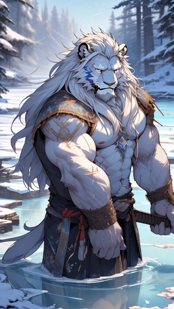 (masterpiece),(highres),(intricate details:1.4),extremely detailed,(illustration:1.2),8k,photorealistic,exquisite,solo,aged,elder male lion ,muscular,Japanese swordsman,manhood ,(white hair:1.3),long hair,long white beard,scar,badly damaged,hurt,broken body ,the icey frozen lake,bleeding ,suffering,naked body 