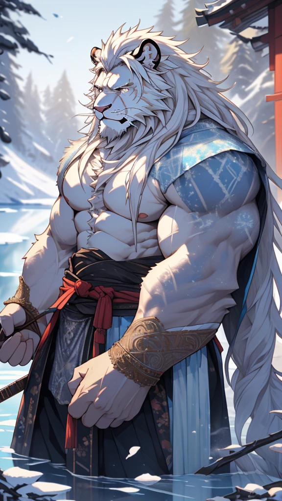 (masterpiece),(highres),(intricate details:1.4),extremely detailed,(illustration:1.2),8k,photorealistic,exquisite,solo,aged,elder male lion ,muscular,Japanese swordsman,manhood ,(white hair:1.3),long hair,long white beard,scar,badly damaged,hurt,broken body ,the icey frozen lake,bleeding ,suffering,naked body