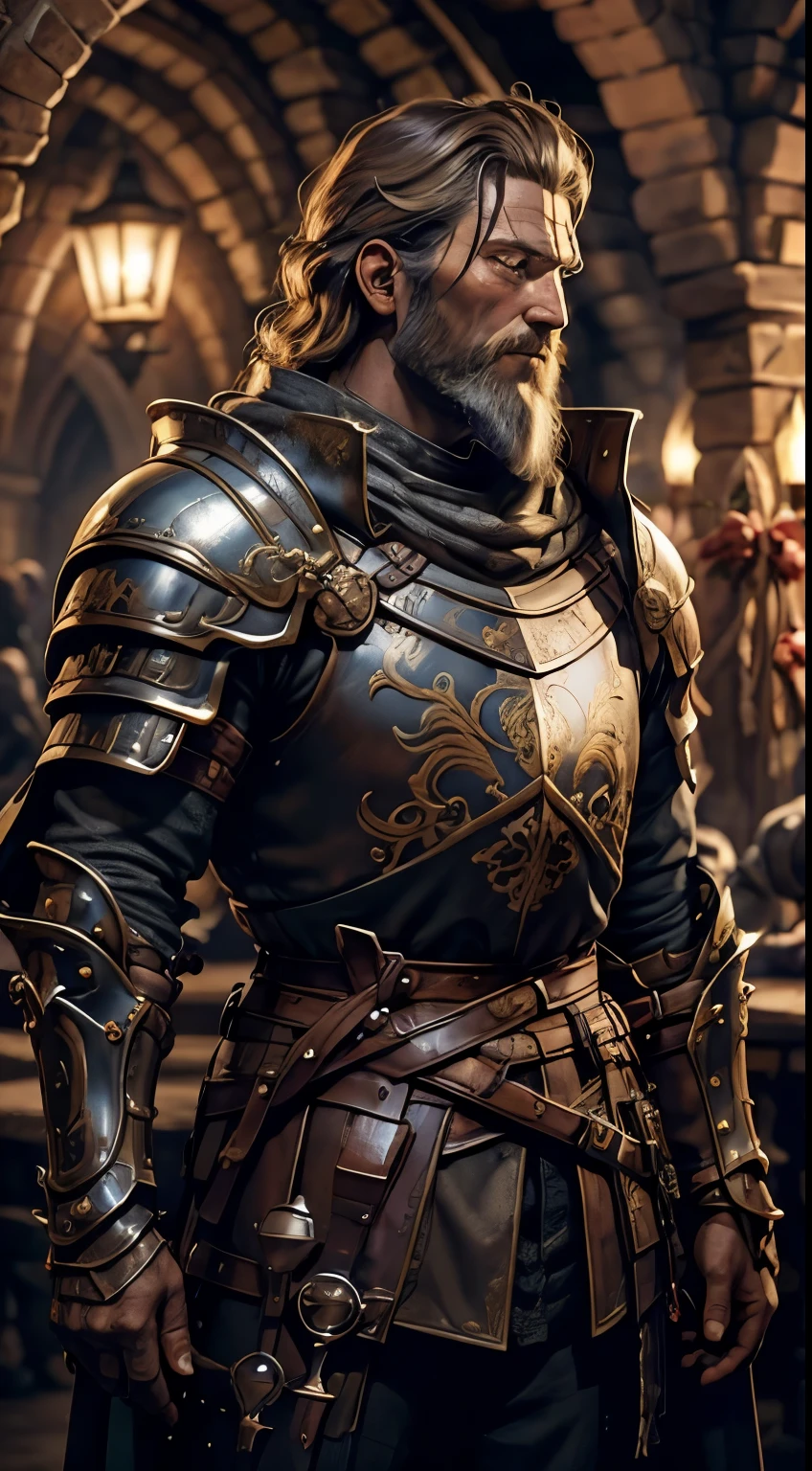 A man with a longsword. He is a veteran mercenary Warrior wearing a breastplate over leather armour. He is pale. He has blue eyes and a long brown beard. His hair is short and slightly curly, and he is in his late 30s. Background - medieval under siege city at night, raining, dark, black cape, epic,