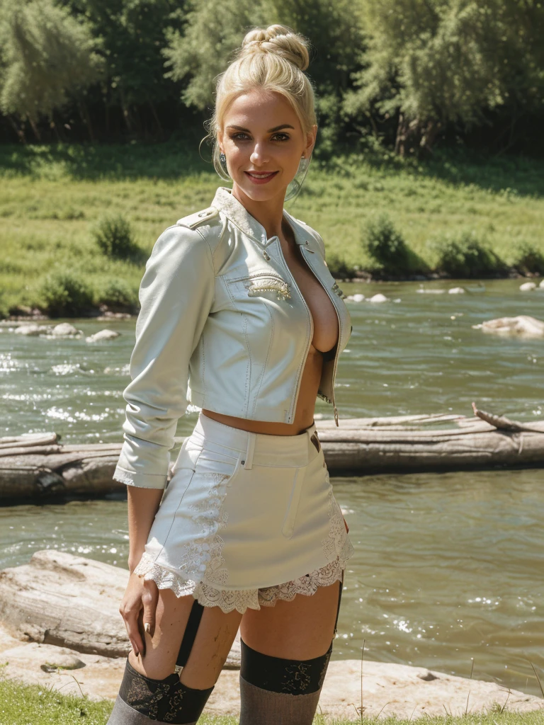 solo, photorealistic, wide shot, best quality, hyper detailed, 25 years old Circasssian woman, mature-looking face, boobies, high detailed deep wrinkles, beauty mark, intricate, (((messy bun blonde))), Circassian facial features, (((she is seductively standing by the river on the grass, Trees can be seen in the distance, She has well-developed musculature, She wears a white blouse and shorts, She is beautiful, a perfect face, the perfect body, Greece, A hot summer day))), (((She is wearing a denim skirt, lace stockings with garters, and a leather jacket))), (((dynamic pose))), she is looking at the camera smiling