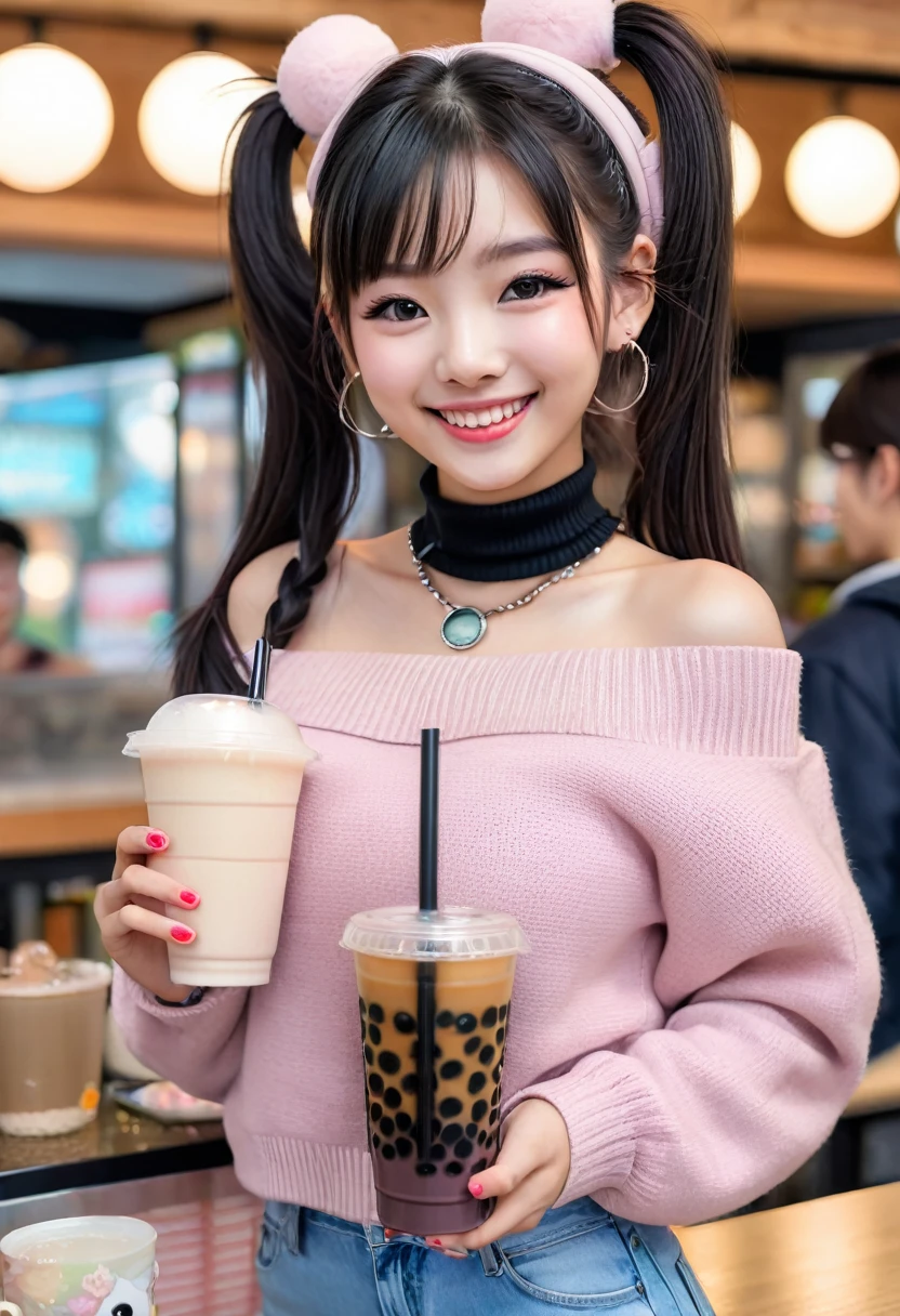 masterpiece, best quality, highly detailed, 1girl, solo, bremerton \(day-off date\), twintails, off-shoulder sweater, choker, jacket, hairband, holding cup, bubble tea, looking at viewer, smile, blush,